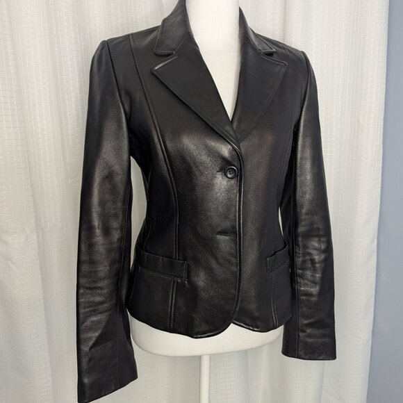 Identify Black 100% Leather Jacket, Size 4, Front pockets, Fully Lined - Picture 1 of 10